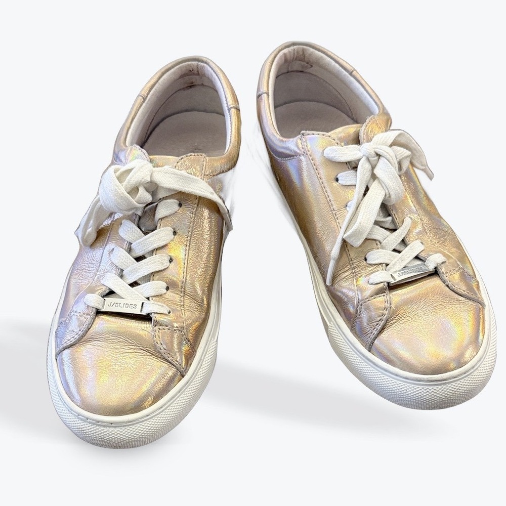 J/Slides NYC Rose Gold Iridescent Metallic Leather Sneakers Womens 6 Low Top